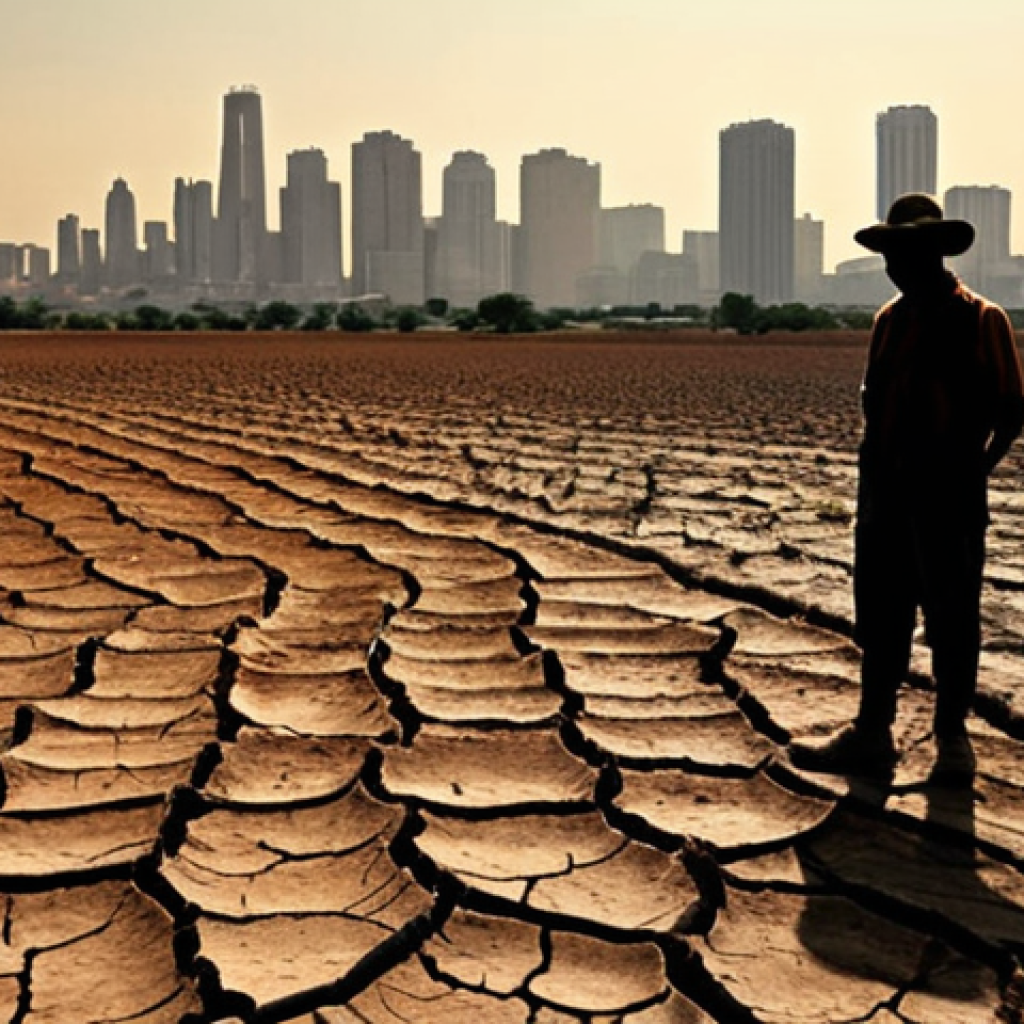 **

A parched, cracked earth landscape under a blazing sun, with a silhouette of a farmer looking despairingly at a dry field.  The background shows a rapidly growing city skyline with visible pollution.  The overall mood is one of environmental stress and resource scarcity, highlighting the impact of climate change, population growth, and economic development on water resources. Color scheme leans towards browns, yellows, and muted grays.

**