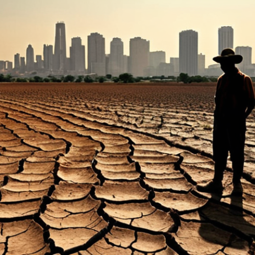 **

A parched, cracked earth landscape under a blazing sun, with a silhouette of a farmer looking despairingly at a dry field.  The background shows a rapidly growing city skyline with visible pollution.  The overall mood is one of environmental stress and resource scarcity, highlighting the impact of climate change, population growth, and economic development on water resources. Color scheme leans towards browns, yellows, and muted grays.

**