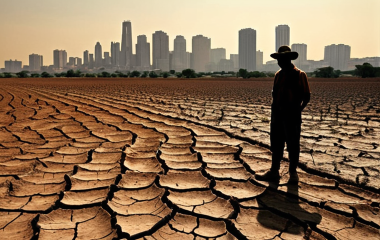 **

A parched, cracked earth landscape under a blazing sun, with a silhouette of a farmer looking despairingly at a dry field.  The background shows a rapidly growing city skyline with visible pollution.  The overall mood is one of environmental stress and resource scarcity, highlighting the impact of climate change, population growth, and economic development on water resources. Color scheme leans towards browns, yellows, and muted grays.

**