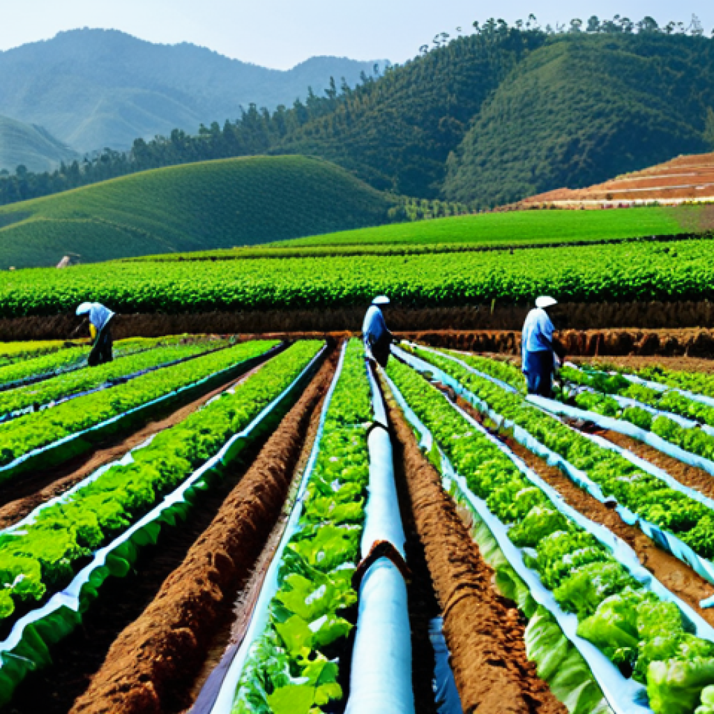 Drip Irrigation in a Vegetable Farm**
"A lush green vegetable farm in Da Lat, Vietnam, featuring a modern drip irrigation system. Rows of healthy vegetables thrive under the careful application of water. A farmer, fully clothed in practical work attire, inspects the crops. Background shows rolling hills and clear blue sky. Focus on the efficient use of water and healthy plant growth. Safe for work, appropriate content, fully clothed, professional, family-friendly, perfect anatomy, natural proportions, high quality."
**