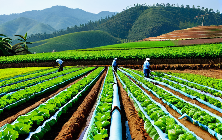 Drip Irrigation in a Vegetable Farm**

"A lush green vegetable farm in Da Lat, Vietnam, featuring a modern drip irrigation system. Rows of healthy vegetables thrive under the careful application of water. A farmer, fully clothed in practical work attire, inspects the crops. Background shows rolling hills and clear blue sky. Focus on the efficient use of water and healthy plant growth. Safe for work, appropriate content, fully clothed, professional, family-friendly, perfect anatomy, natural proportions, high quality."

**