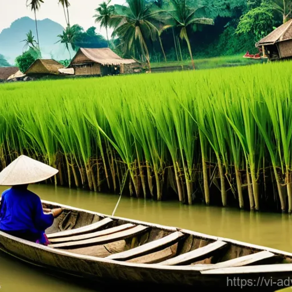 물 안보와 문화적 관점 - **Prompt:** A serene and picturesque scene depicting traditional Vietnamese river life. A wide, gent...