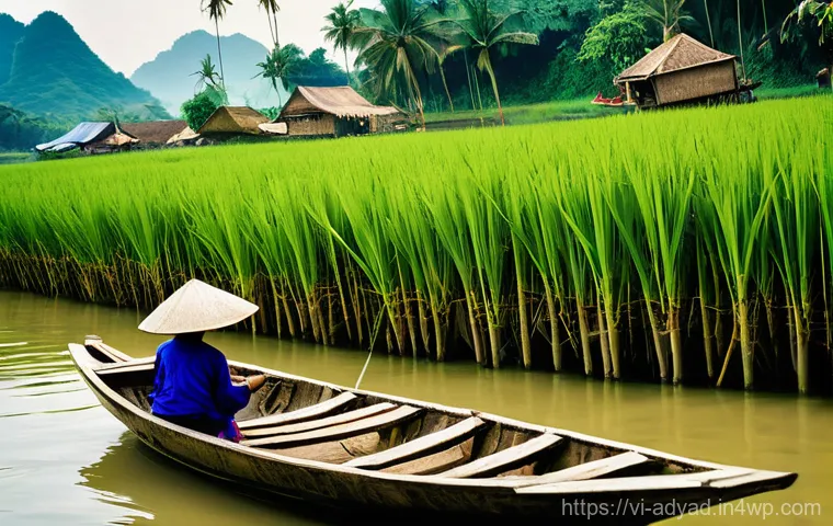 물 안보와 문화적 관점 - **Prompt:** A serene and picturesque scene depicting traditional Vietnamese river life. A wide, gent...