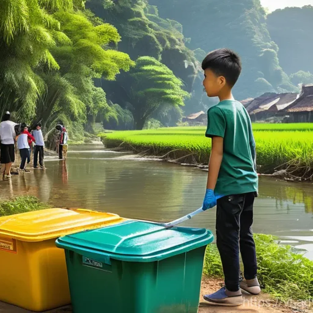 물 안보를 위한 커뮤니티 참여 증진 방안 - **A vibrant scene of a diverse Vietnamese community actively participating in a "Green Saturday" riv...