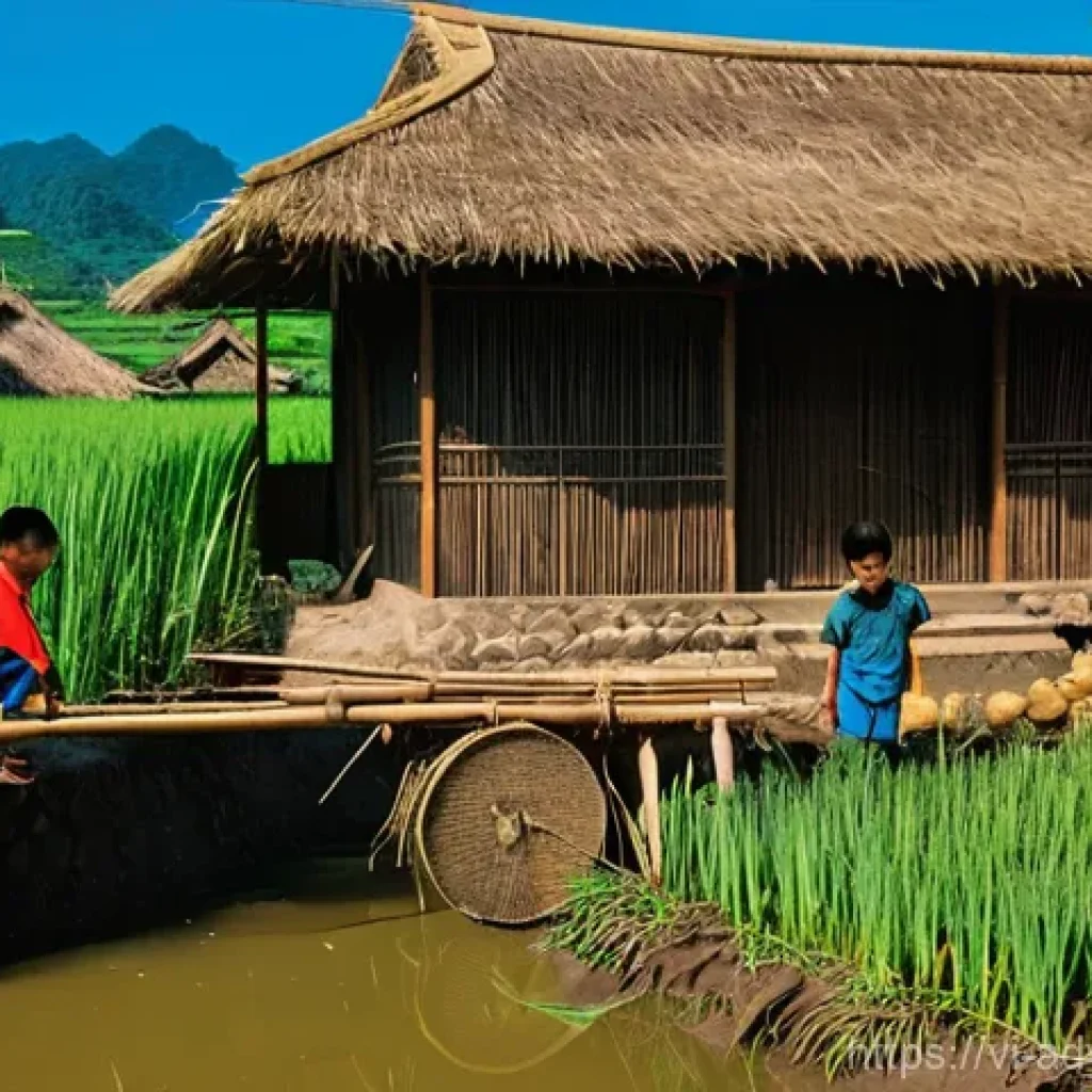 물 자원 정책의 변천사 - **Prompt:** A vibrant traditional Vietnamese village scene during the feudal era, showcasing communa...
