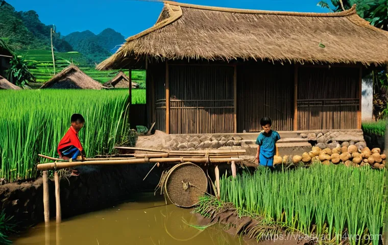 물 자원 정책의 변천사 - **Prompt:** A vibrant traditional Vietnamese village scene during the feudal era, showcasing communa...
