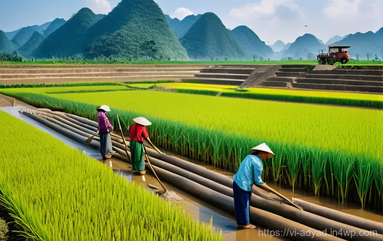 물 자원 정책의 변천사 - **Prompt:** A vibrant traditional Vietnamese village scene during the feudal era, showcasing communa...