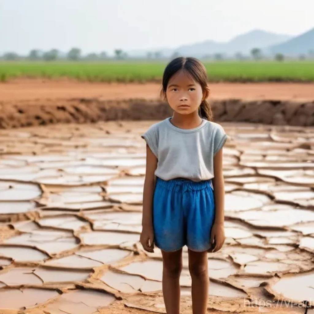 전 세계 물 위기 현황 분석 - **Prompt:** A poignant scene depicting water scarcity in a rural, sun-drenched landscape. A young Vi...