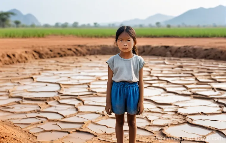 전 세계 물 위기 현황 분석 - **Prompt:** A poignant scene depicting water scarcity in a rural, sun-drenched landscape. A young Vi...