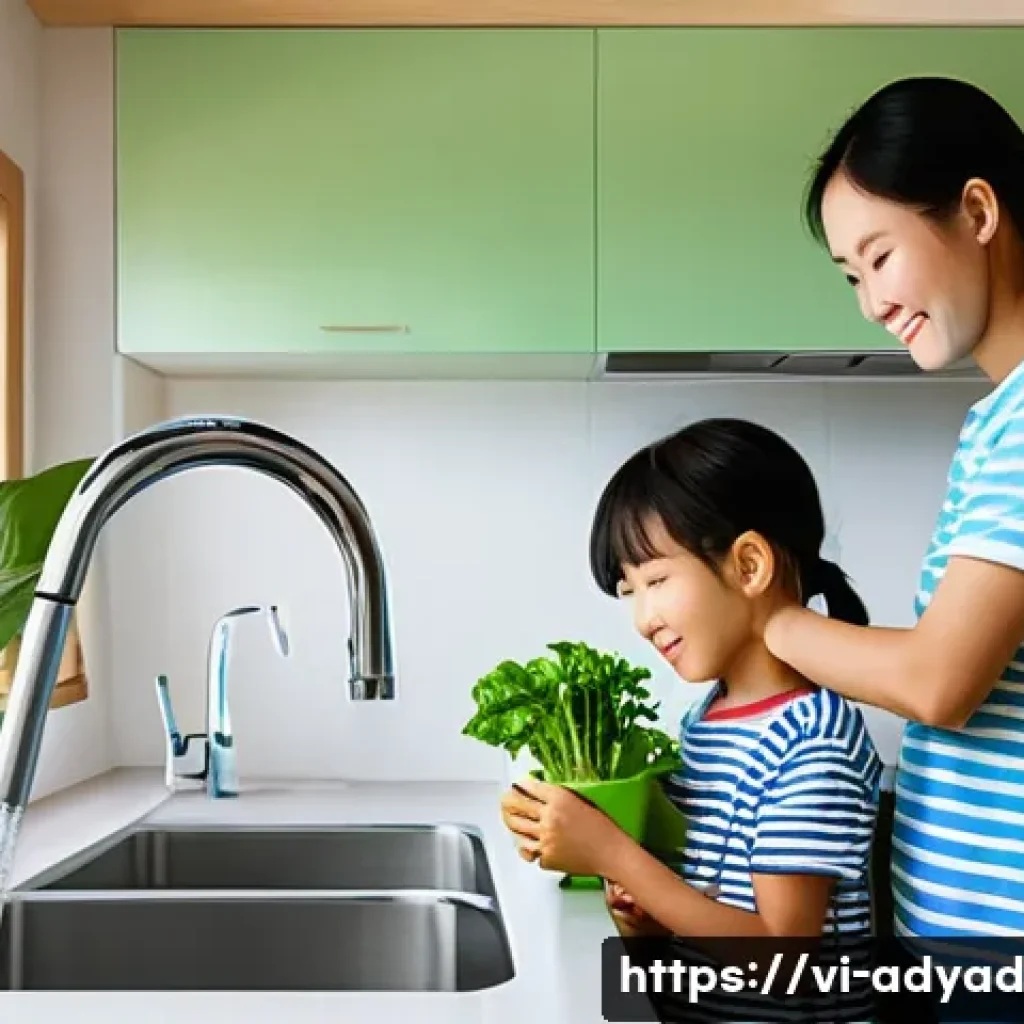 물 자원 보호를 위한 커뮤니티의 역할 - **Prompt 1: Family Water Conservation at Home**
A bright, clean image of a Vietnamese family (a ...