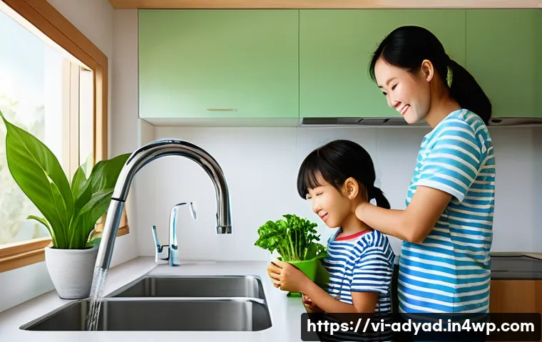 물 자원 보호를 위한 커뮤니티의 역할 - **Prompt 1: Family Water Conservation at Home**
A bright, clean image of a Vietnamese family (a ...