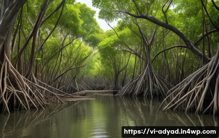 물 안보와 생태계 서비스 - A vibrant mangrove forest ecosystem along the Vietnamese coastline, showcasing dense green mangrove ...