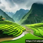 Home 20 물 자원의 지역적 차이와 정책적 대응 - A detailed landscape of a Vietnamese mountainous region during the rainy season, featuring lush gree...