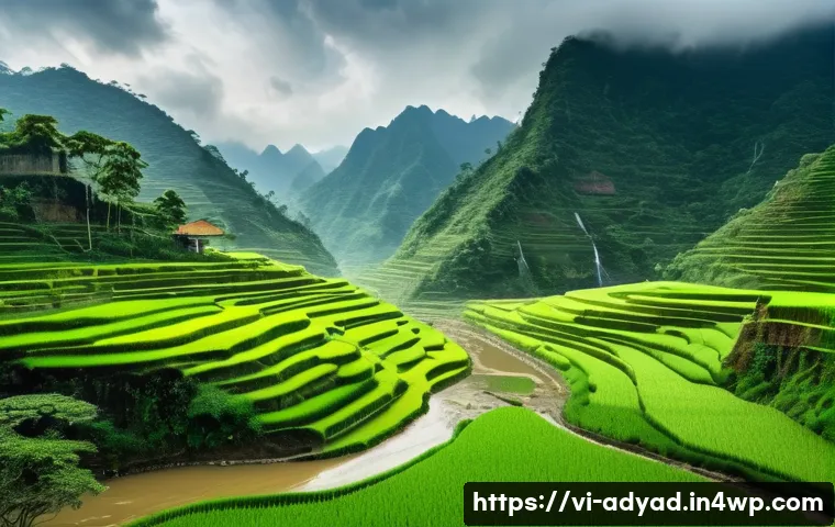 물 자원의 지역적 차이와 정책적 대응 - A detailed landscape of a Vietnamese mountainous region during the rainy season, featuring lush gree...