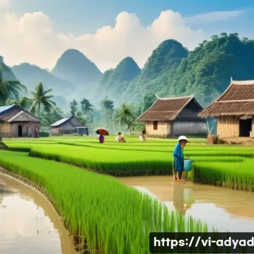 Home 31 물 안보와 인권의 관계 - A rural Vietnamese village scene showing diverse families collecting rainwater and using basic water...