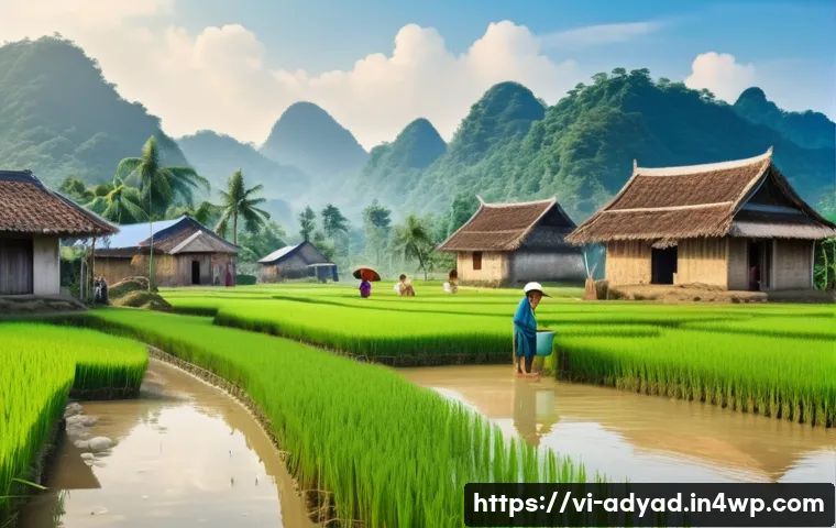 물 안보와 인권의 관계 - A rural Vietnamese village scene showing diverse families collecting rainwater and using basic water...