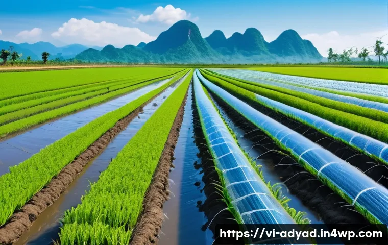 물 관리의 통합적 접근법 - A modern Vietnamese agricultural farm featuring advanced drip irrigation systems with automatic soil...