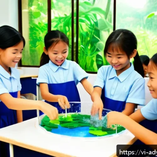 Home 29 물 자원의 지속 가능성을 위한 교육 방안 - A lively classroom scene in Vietnam where children aged around 10-12 are enthusiastically building a...