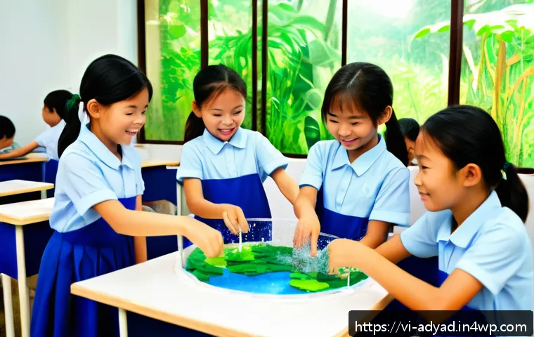 물 자원의 지속 가능성을 위한 교육 방안 - A lively classroom scene in Vietnam where children aged around 10-12 are enthusiastically building a...